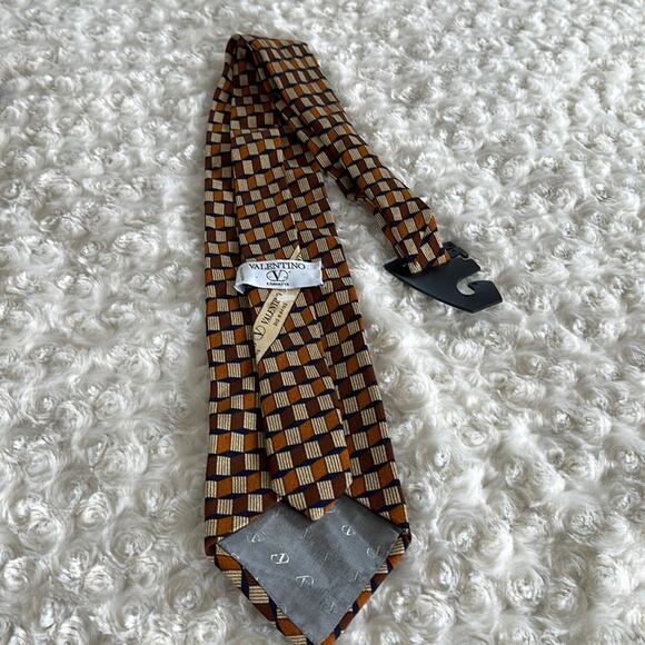 Valentino Cravatte Men’s Silk Tie Geometric Print Tan Brown Blue Made in Italy - Picture 5 of 7